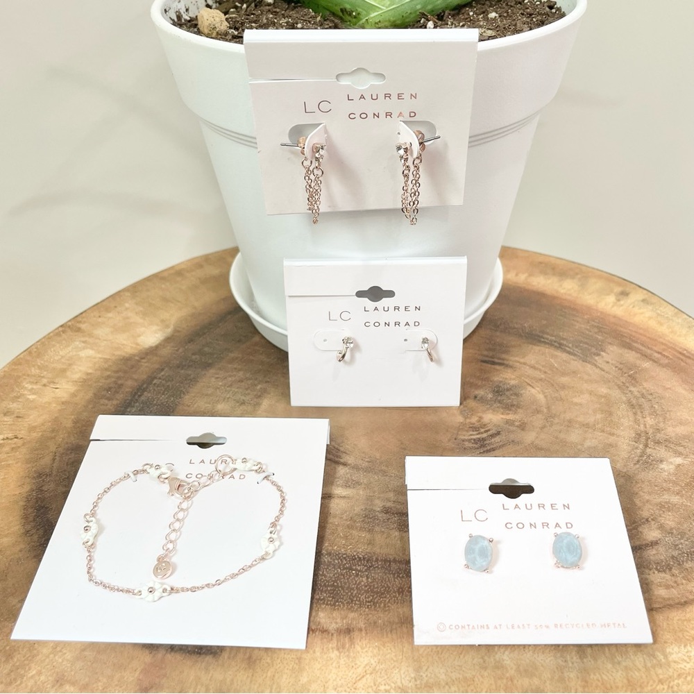 LC Lauren Conrad, 3 pairs of earrings and rose gold & white flower braclet
